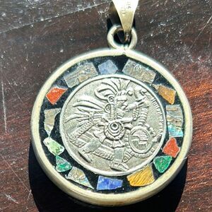 Aztec-Inspired Multicolor Pendant 2" heavy inlaid multicolored stones unisex